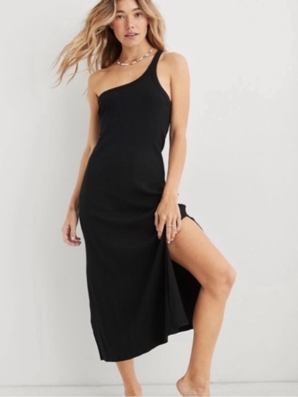 Aerie Black One Shoulder Ribbed Middi Dress